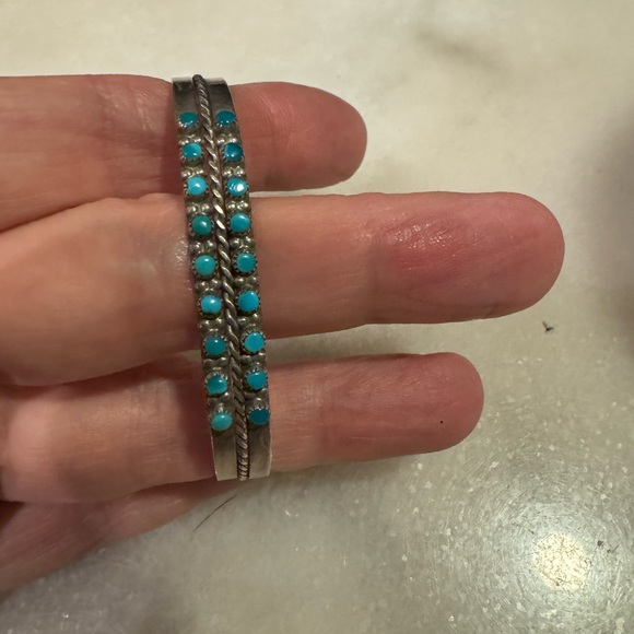 Zuni petit point turquoise and sterling silver bracelet - size 5 3/4 with 1” gap - Picture 5 of 12